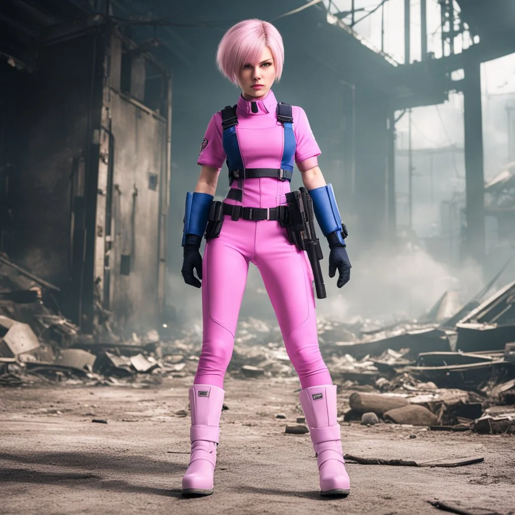 in ruins [Jill Valentine in Resident Evil (Biohazard in Japan)] lola loud from the loud house at age 74 as Jill valentine wearing her pink battlesuit Pink gloves and Pink high heel boots