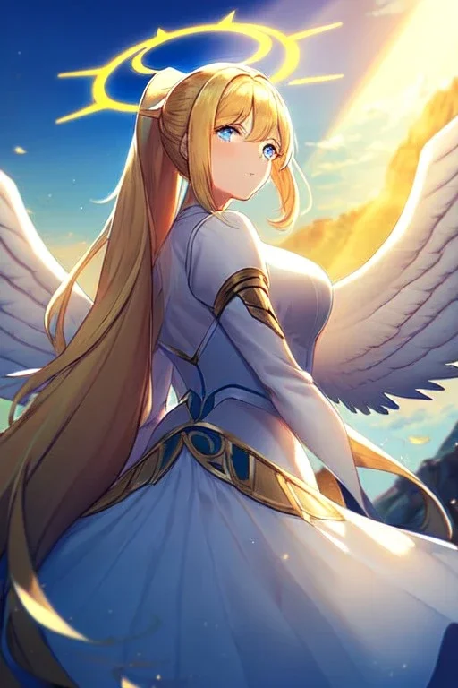 girl, masterpiece, best quality, cinematic lighting, detailed outfit, vibrant colors, perfect eyes, golden hair, long hair, ponytail, blue eyes, valkyrie, halo, white wings, landscape, sun, light rays, god rays, lens flare, looking down,