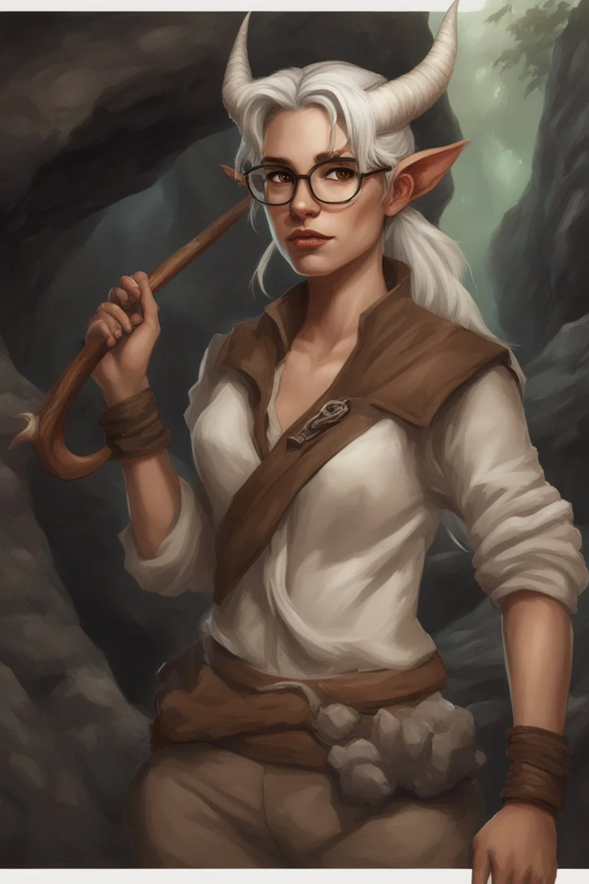 A realistic rendering of a Dnd character with a long tail and small horns in a dark cave. A female Tiefling archeologist with white skin, white hair wearing glasses, in brown adventurer's clothes. Cunning, beautiful, cool.