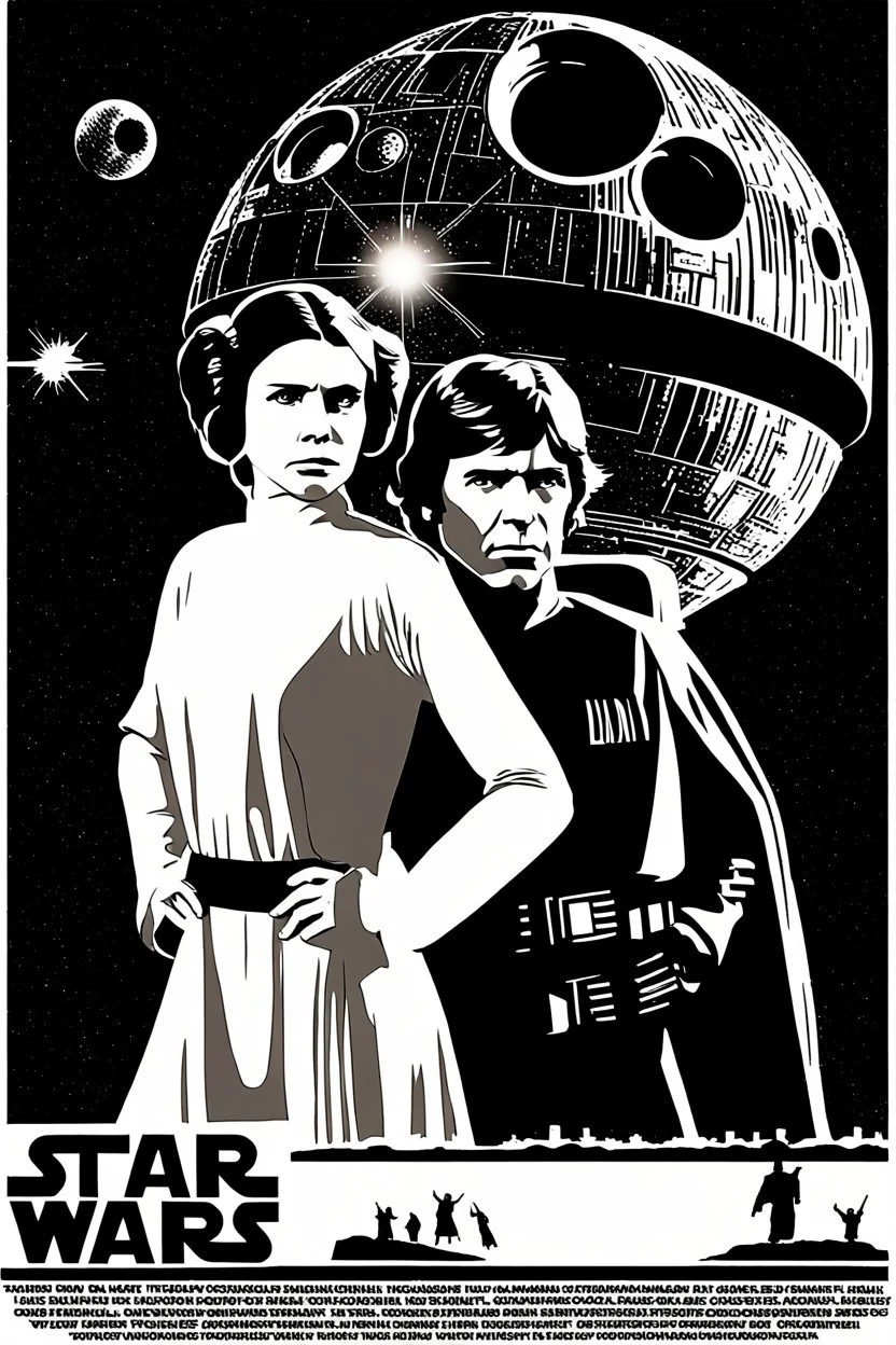 movie poster for Star Wars episode 4 featuring luke and leia in iconic poses atop of a mound shaped as the words "STAR WARS" death star in background, correct any proportions errors