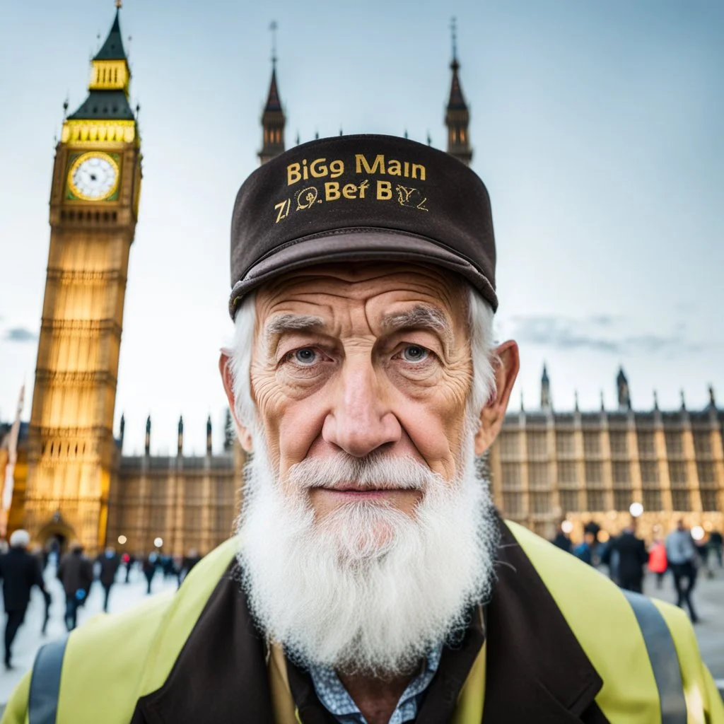 an old man standing in front of big ben looking at camera