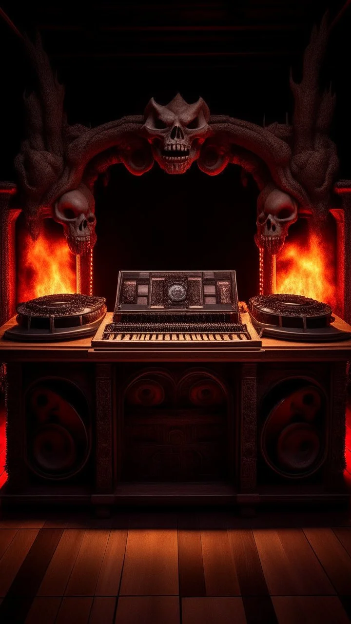 DJ of the damnded, insanely detailed DJ booth in hell, MID set, speakers and equipment made of bone, anatomically correct, add more skulls in th audience, photorealism, vray, 8k 3d https://stablecog.com/generate?o=a67b60e0-edd2-418d-9744-d1d585055d7f