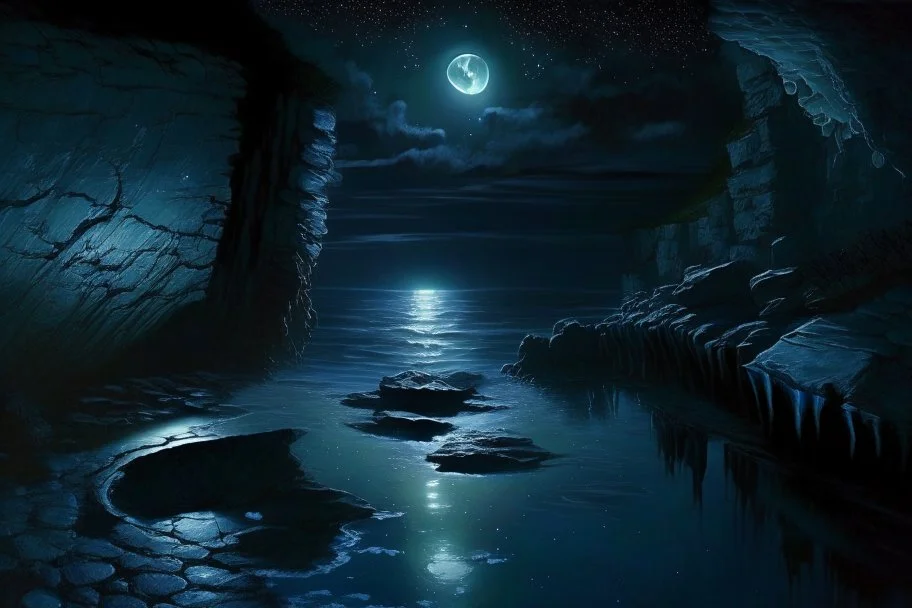 night, cliffs, rocks, trascendent and new age influence, beyond, sci-fi, puddle