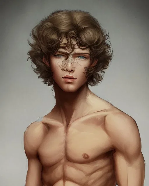 beautiful, slender, 12 year old arabic boy with very long curly hair and light blue eyes, shirtless