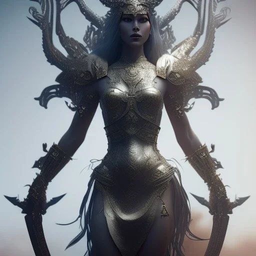 badass female goddess of war, beautiful figure, wearing form fitting armor sharp focus, intricate filigree metal design, mythpunk, medievelpunk, full body portrait, cinematic, dramatic lighting, unreal engine 5, 8k, Highly realistic. Volumetric lighting. Light halation, by Hyung-tae Kim and Krenz Cushart Artstation and artgerm, Artwork by Guweiz, Peter Mohrbacher, Artgerm and Mark Brooks, unreal engine 5 highly rendered, epic composition, motion blur. Glim lighting. Highly realistic