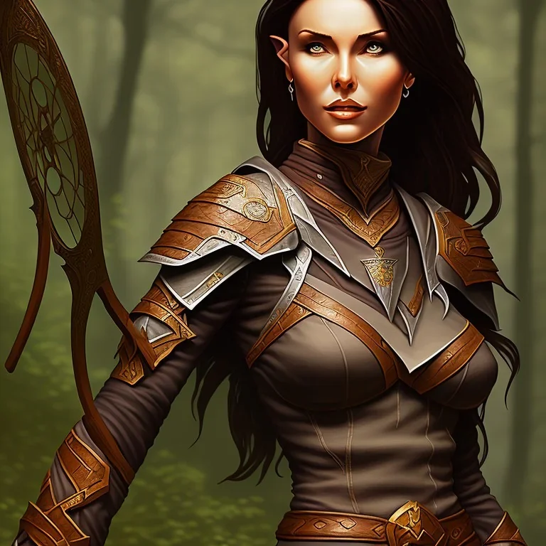 dungeons and dragons, female wood elf, druid, brown hair, brown eyes, full body, realistic face, short hair, hair tied back, large nose, closed mouth, leather armor, dark skin