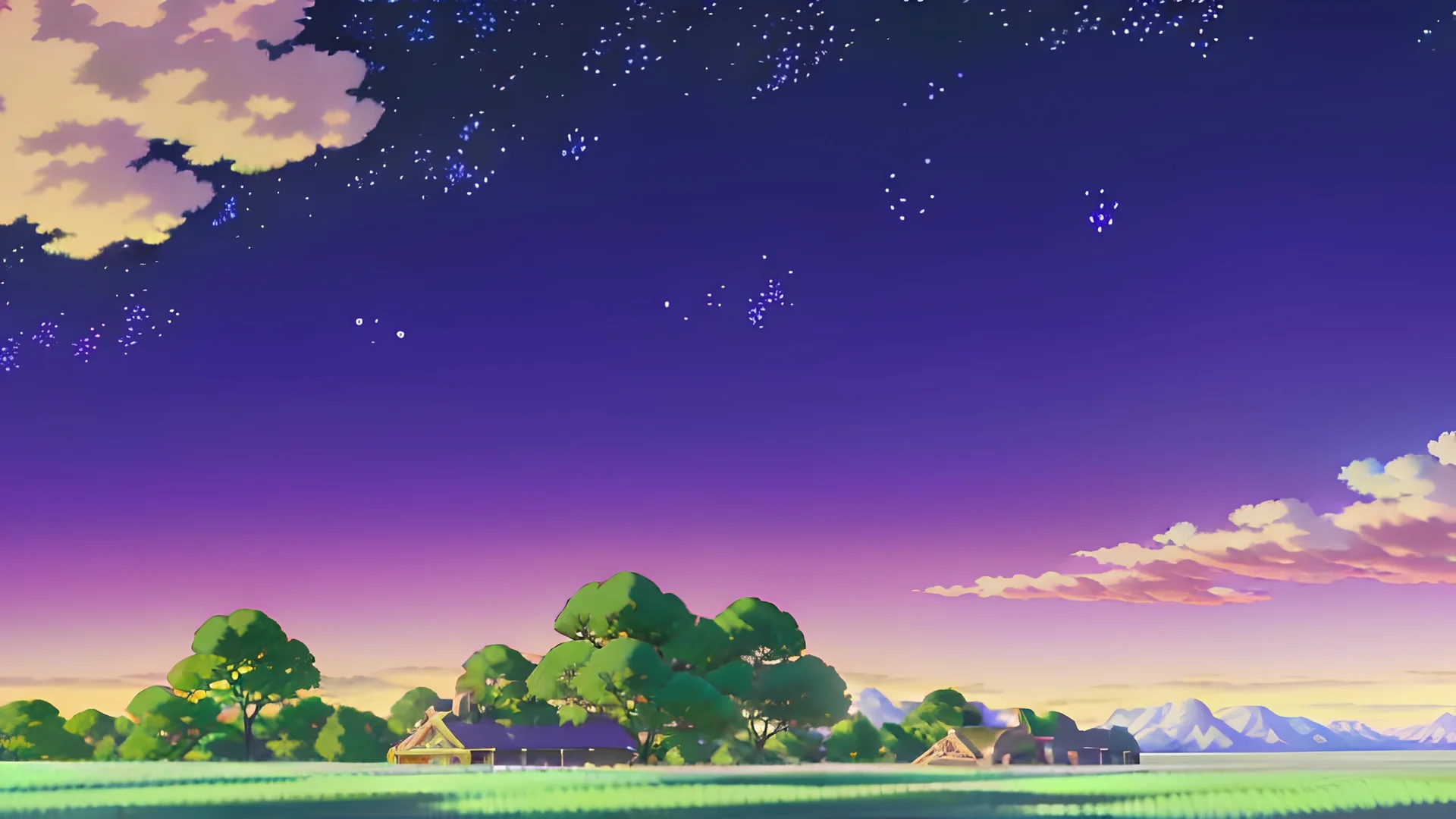 village with purple sky full of stars, anime, high res, makoto shinkai