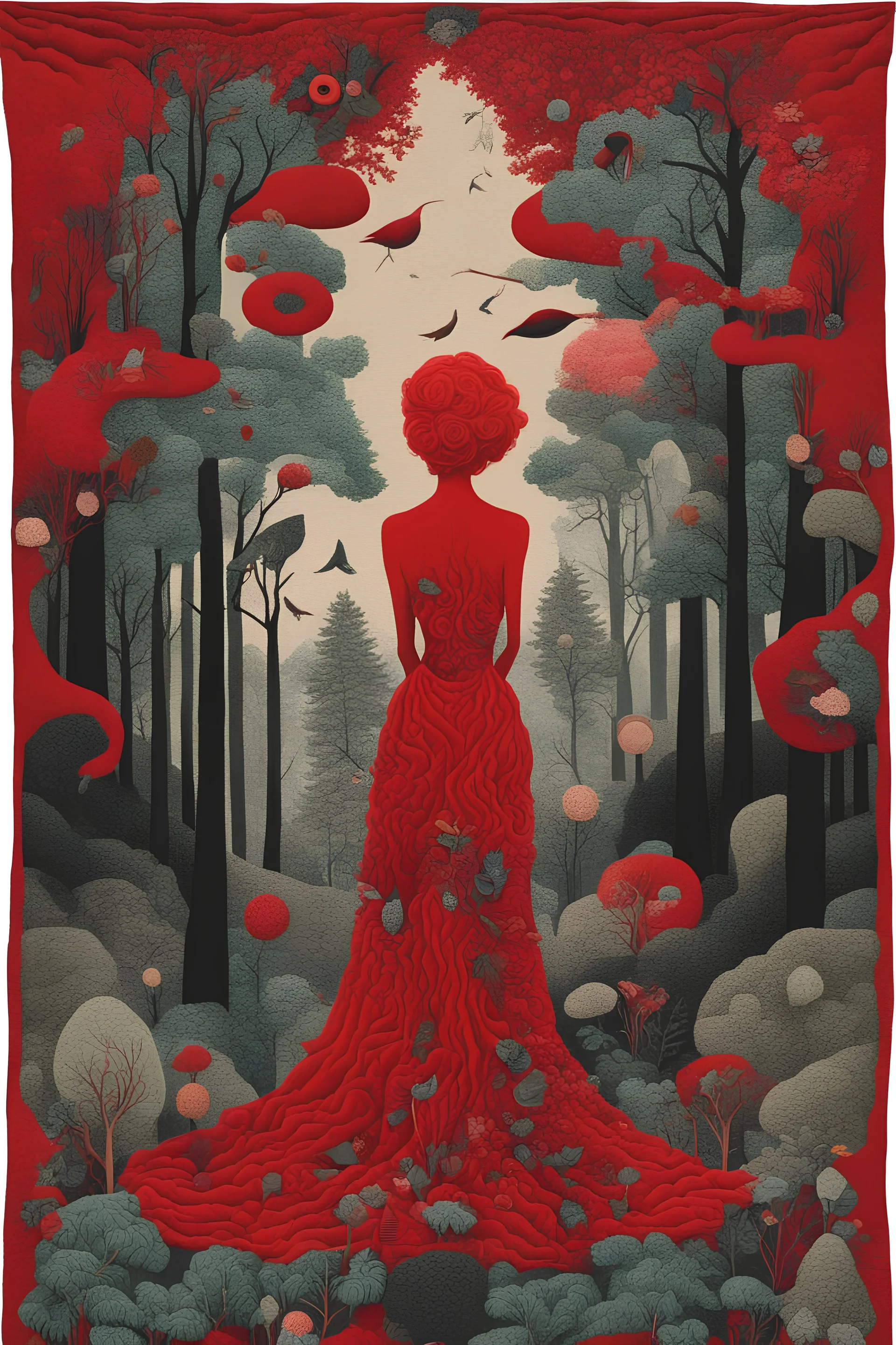 cultivate collage red surreal esoteric woman in forest, tufting tapestry