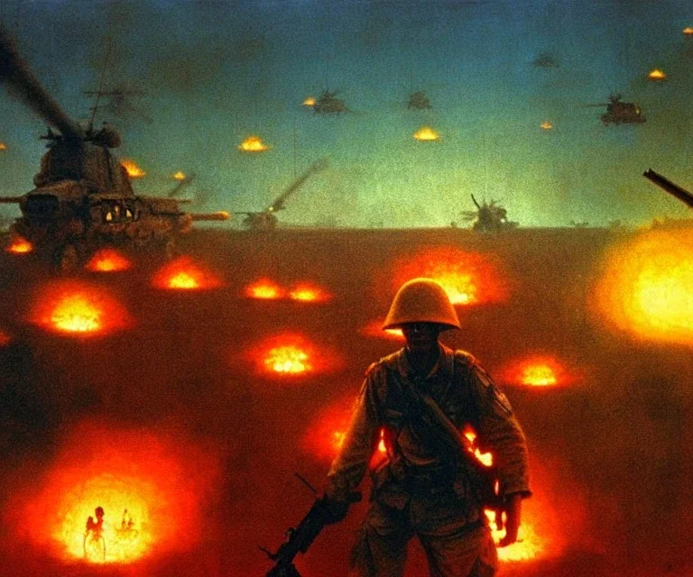 vietnam war. war. napalm. bokeh. lens flare. warm lights. high detailed. beksinski