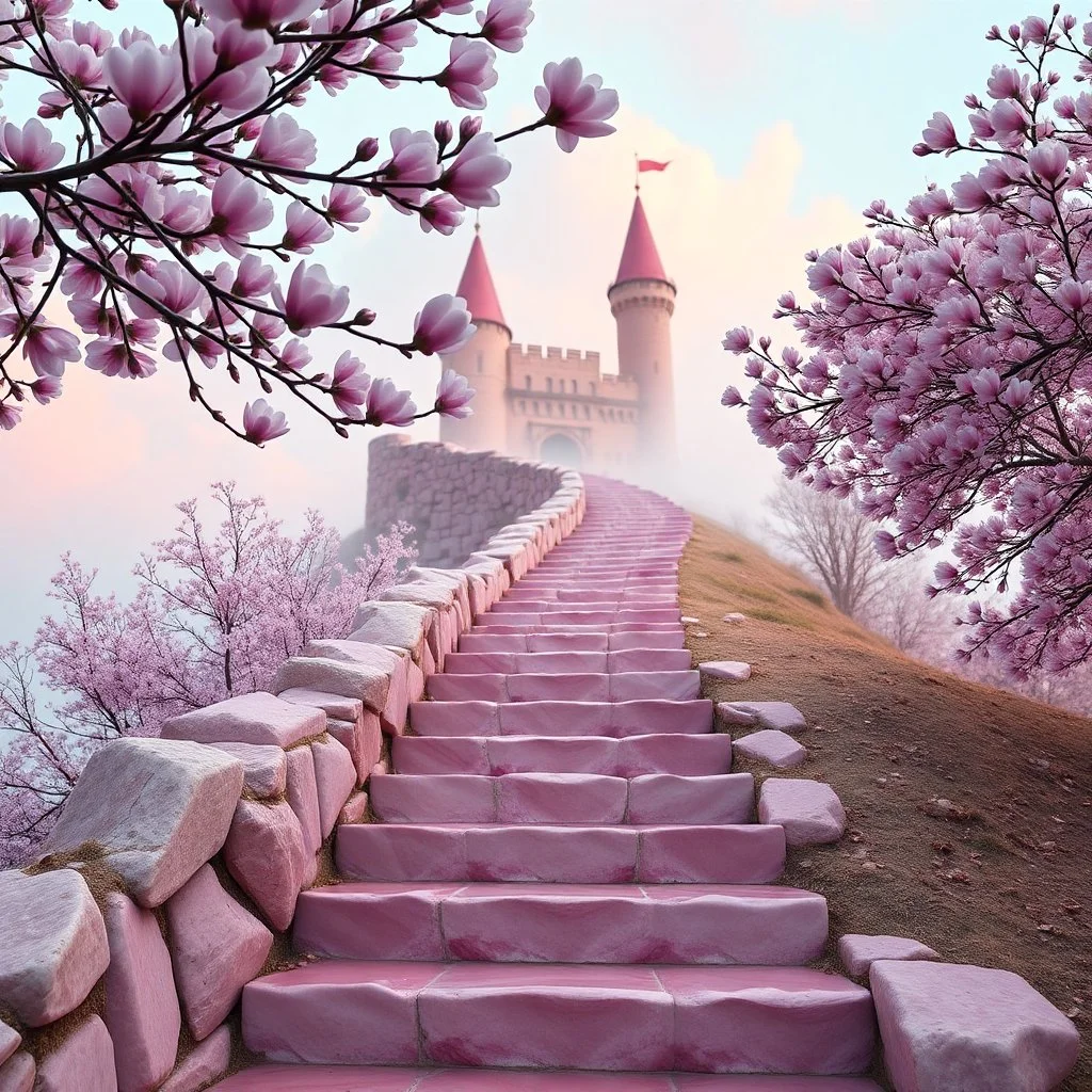 foreground path of a stair to the top of castle on the hill pink glossy stone pastel, pink stones shades, magnolia branches, blurred background, fantasy world in pastel in light pink tones, beautiful clouds and minimalism fog