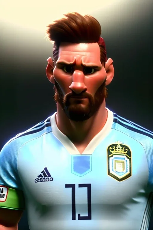 Realistic Messi Argentina soccer player Portrait, retro dress style, mid shot low view, concept art, artstation, 3d, photo studio, clean background, unreal engine 5, ray tracing, RTX, lumen lighting, ultra detail, volumetric lighting.