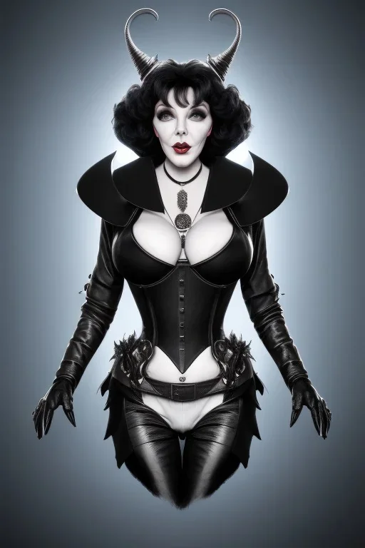 Joan Collins as evil queen in black leather, leather, busty, cleavage, angry, stern look. character design by cory loftis, fenghua zhong, ryohei hase, ismail inceoglu and ruan jia. unreal engine 5, artistic lighting, highly detailed, photorealistic, fantasy