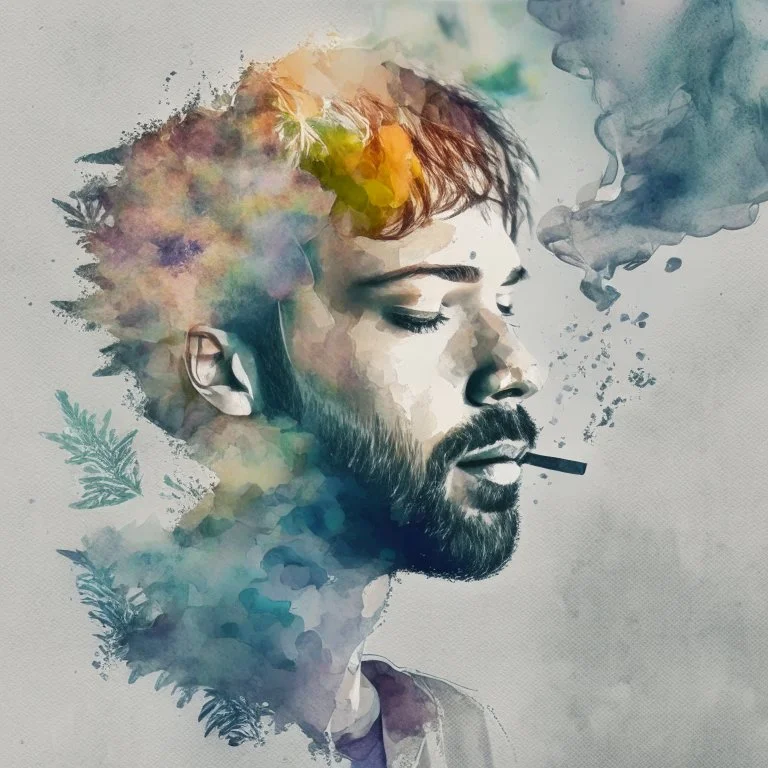 Create a composite that captures the initial allure and impact of trying hash or weed, emphasizing the emotions and sensations you felt watercolour composite