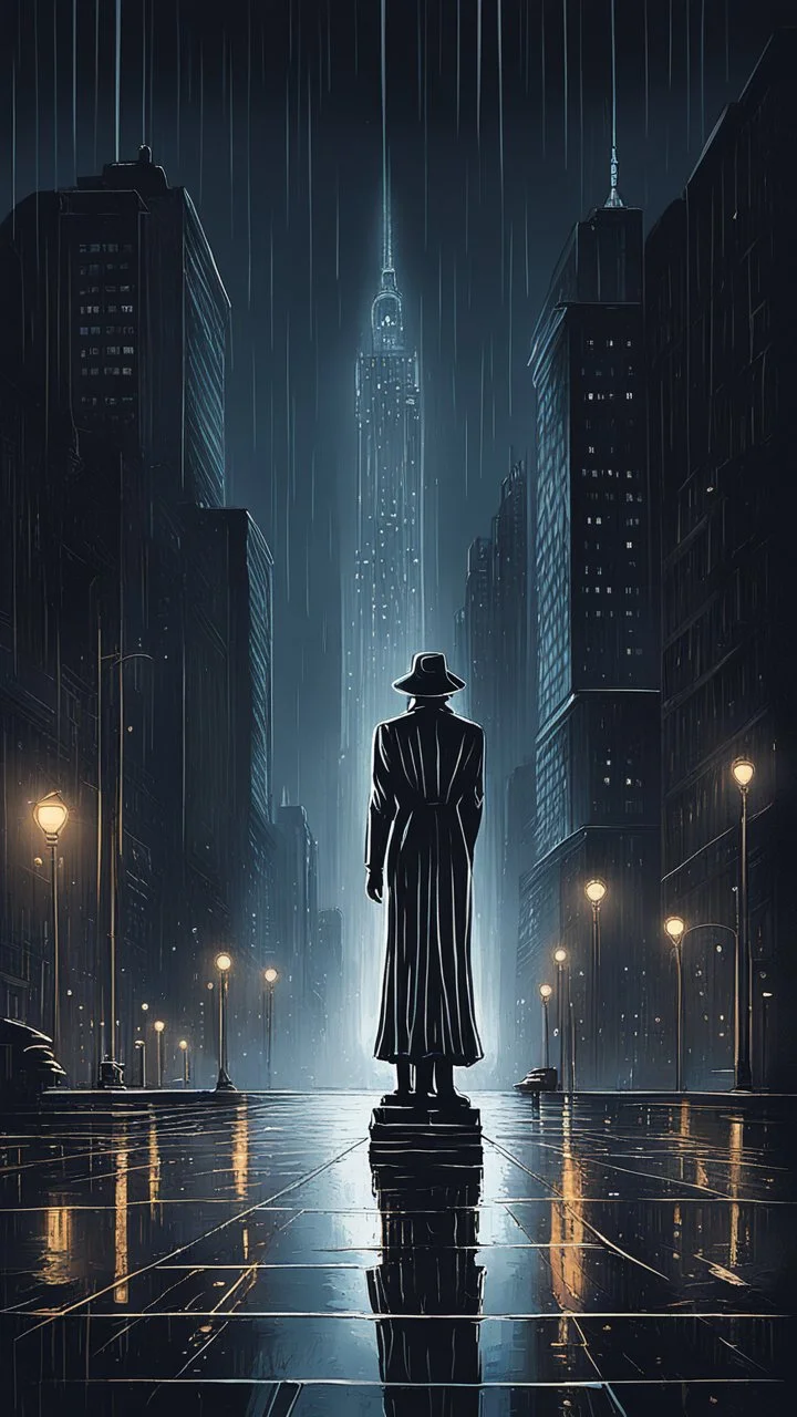 An atmospheric, noir-style illustration of a rainy cityscape at night, featuring glowing streetlights reflecting off the wet pavement, towering Art Deco skyscrapers, and a statue evoking a sense of intrigue and timelessness.thin line draw