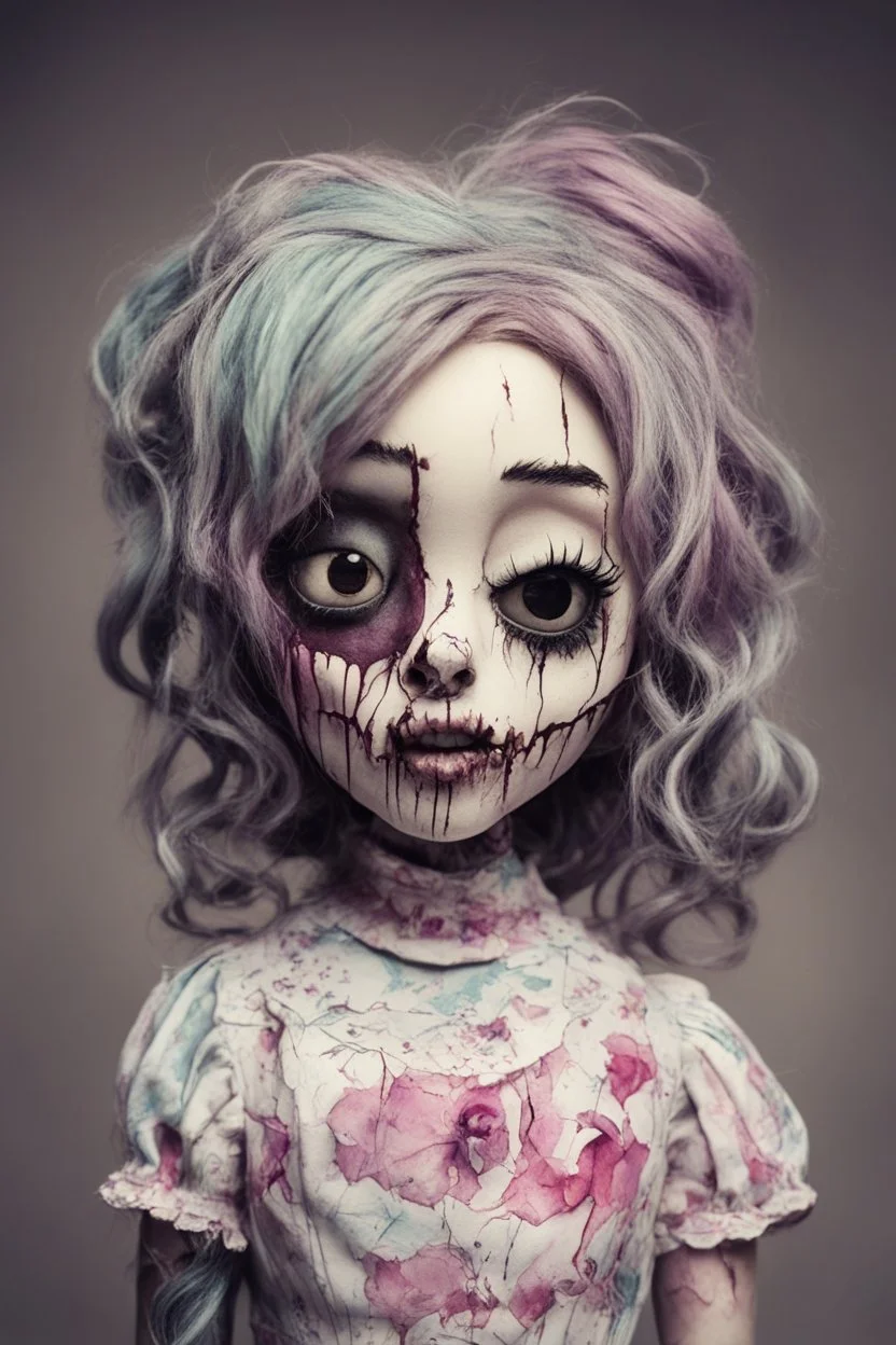 full color, illustration of a dark, menacing, monster girl Singer Melanie Martinez , as a decayed, broken, crude homemade cloth doll toy, with a narrow cracked porcelain face, thick dark eyebrows, hair made from ragged strips of cloth, in the style of Alex Pardee, Tim Burton, and Nadya Sheremet