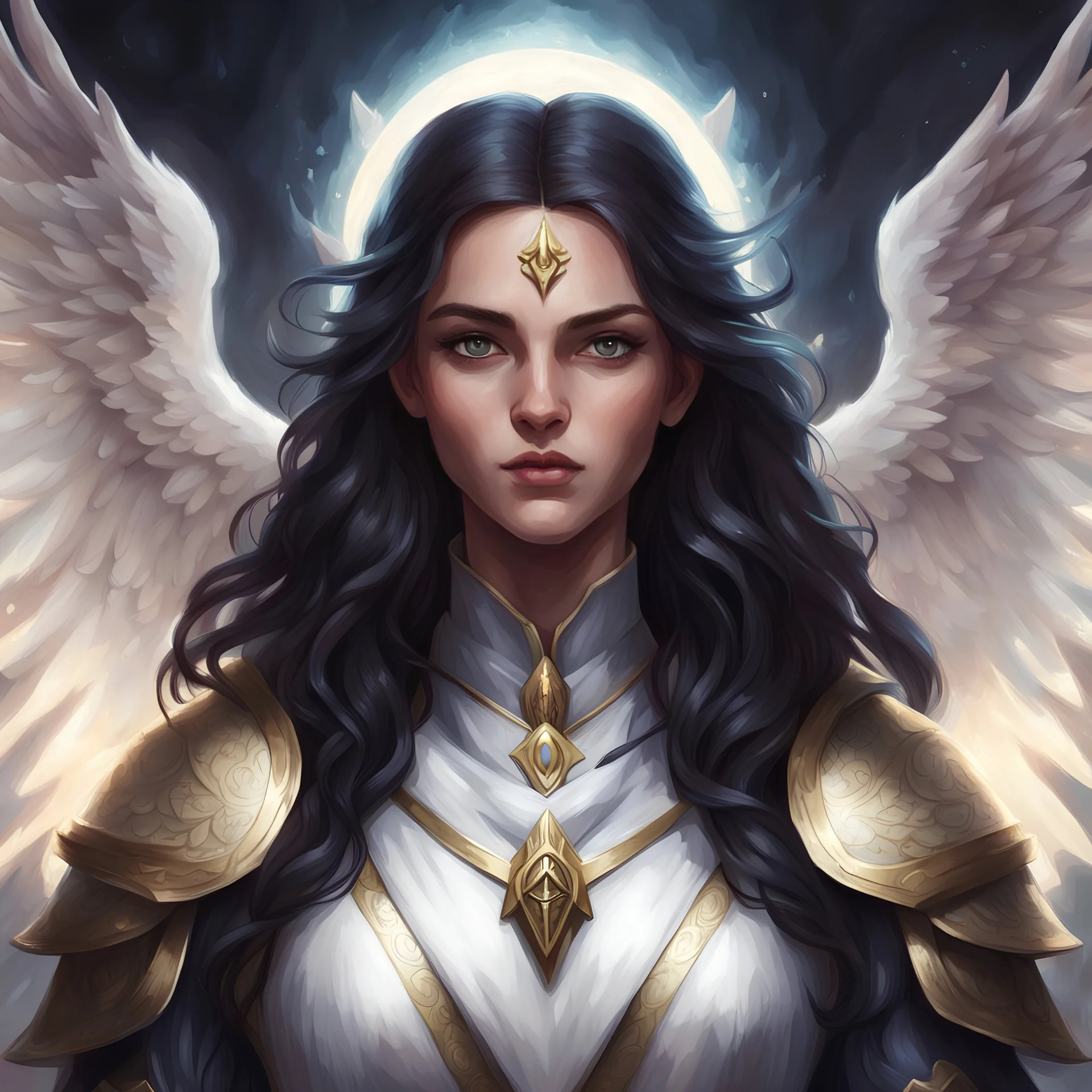 Generate a dungeons and dragons character portrait of the face of a female cleric of peace aasimar blessed by the goddess Selune. She has dark hair