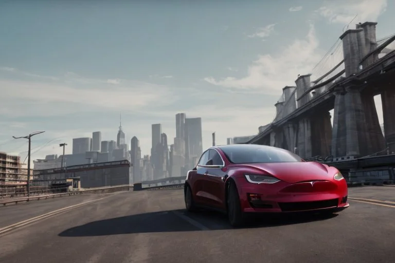 A Tesla 'Model Y' is drifting at high speeds, near the 'Pier 11' in Manhattan. (CINEMATIC, WIDE ANGLE LENS, PHOTO REAL)