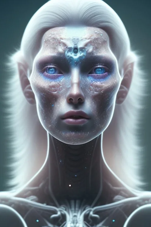 portrait full human body, meditation, beautiful eye, universe, fourth dimension, fractal, realistic, 8k, high quality, extreme detail, symmetrical nose, white long hair.