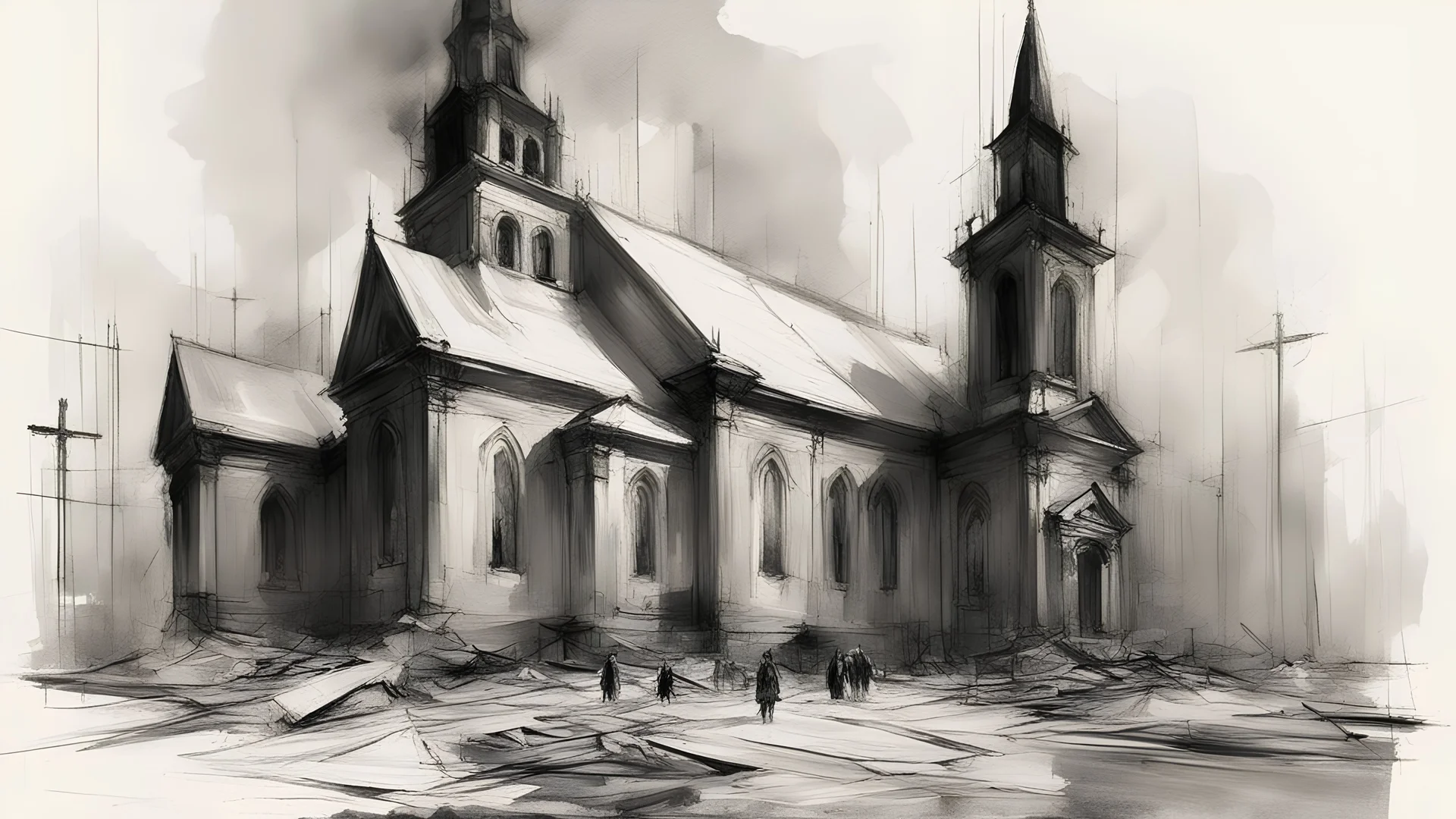 gloomy Orthodox church, crowd of angry people, disorder, candles along the walls, post-apocalypse, thick black pencil, Raymond Swanland & Alyssa Monks & Anna Razumovskaya