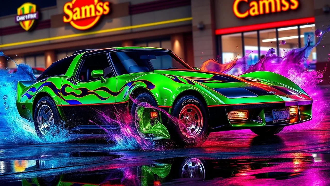 suped up 1979 corvette stationwagon green with black flames outlined with a thin red pinstripe, in front of Sam's club, SuperSport car, impressive, VIP, award winning, detailed a colorful splash of steampunk bubbles , amazing splashscreen artwork, photoshop water art, liquid painting, swirling paint colors, ink splash, physics splashes of colors, colorful swirls of paint, paint splashes, swirling paint, painting of splashing water, splashes of liquid, cgsociety saturated colors,