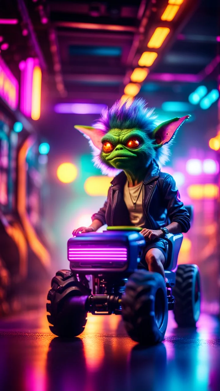 portrait of Hairy Gremlin pimp ninja cyber yoga punk in flying hipster tractor parked in dark tron neon lit reflective smoke arcade hall tunnel,bokeh like f/0.8, tilt-shift lens 8k, high detail, smooth render, down-light, unreal engine, prize winning