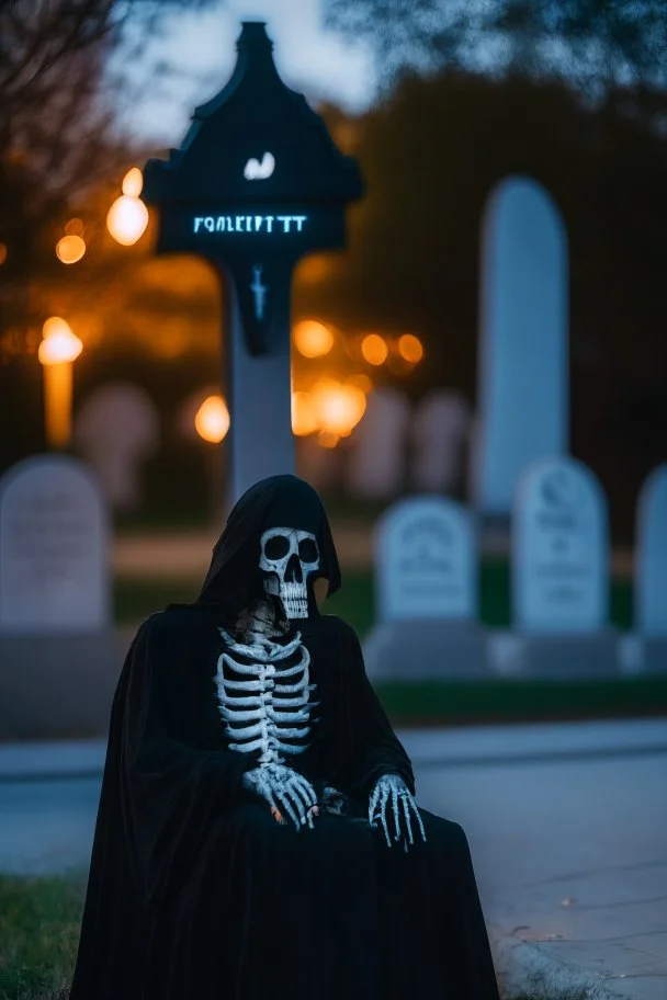 photo of a hoodless grim reaper wearing a suit, highlighting shiny areas of the skull, sitting outside a cemetery with a welcome sign, wearing suit, rim lighting, studio lighting, looking at the camera, dslr, ultra quality, sharp focus, tack sharp, dof, film grain, Fujifilm XT3, crystal clear, 8K UHD, clean, orange evening lighting