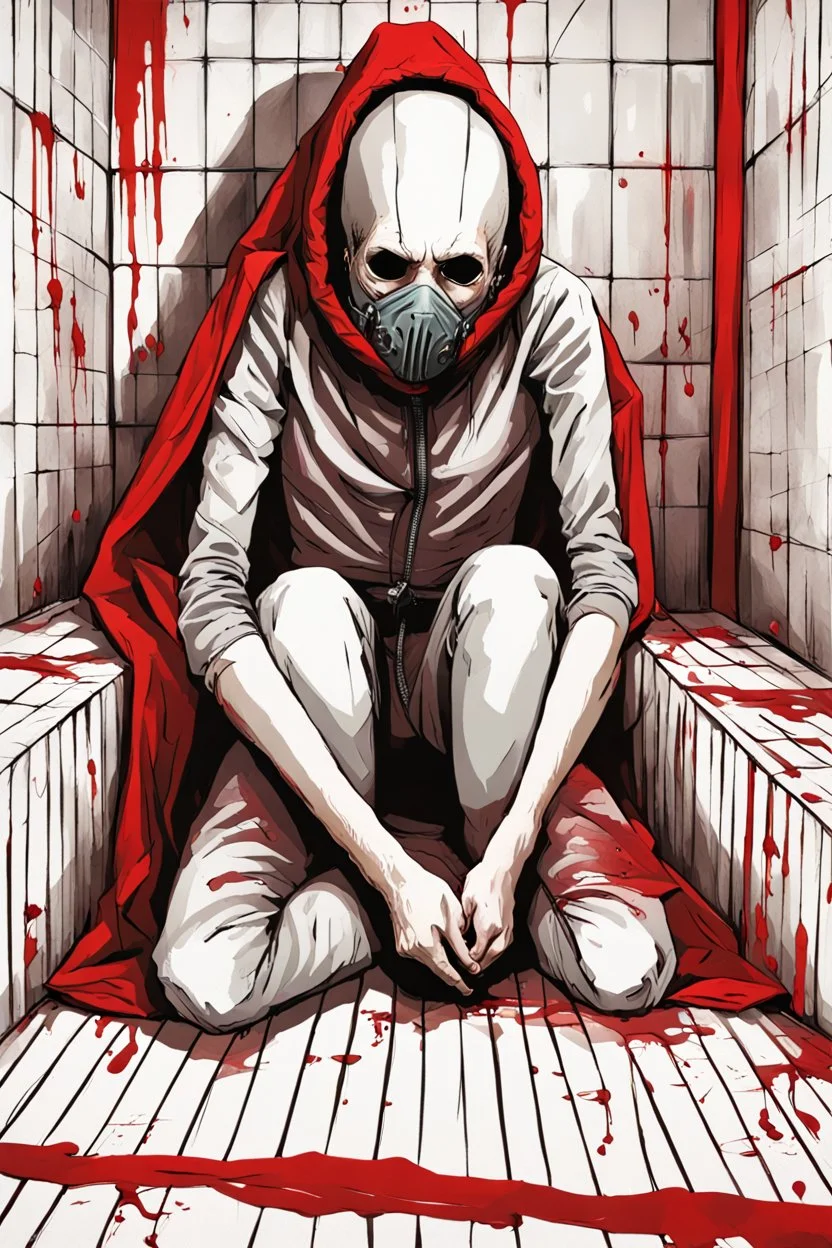 A scary gothic person sits quietly in the middle of a soundproof, padded room conveying intense dramatic emotions in a muted environment, wearing a bright red straitjacket , a mask to cover the mouth area of cannibal evil scary, dark and gothic look, cold eyes, eary ultra detailed,.32k, digital art style with messy paint, hardened sealer appearance, impasto, dramatic Arial view with explosive chaotic background