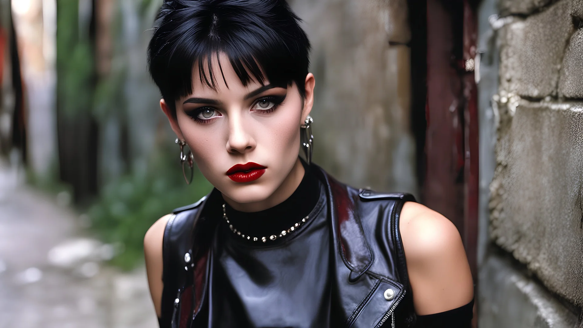 Rebellious breton teen smoking in an alley, 1990s goth aesthetic, adolescent school girl, very short black dyed hair, sweatband, freckles, garnet red eyes, heavy black eyeliner, very strong, athletic, lean physique, wearing a red leather jacket, tight black shirt, piercings, spiky choker, fishnet gloves, short skirt