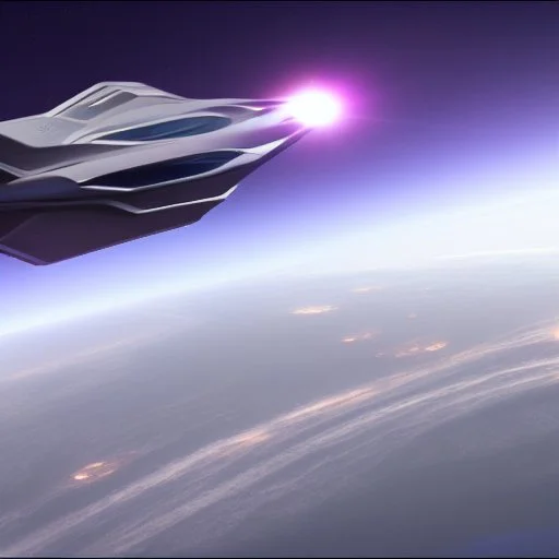 small high speed spaceship flying across planet realistic high res