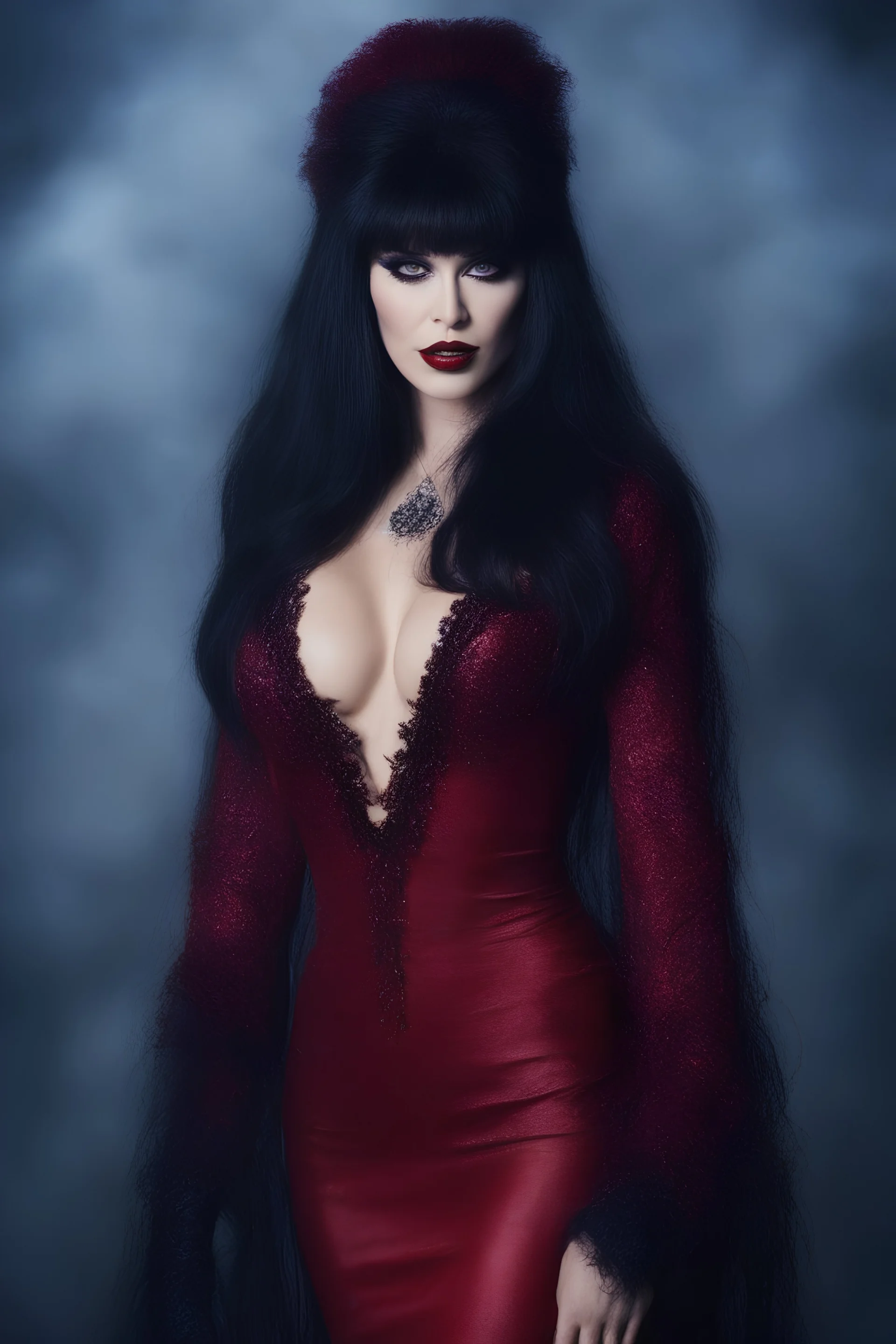 full body portrait - Elvira, Mistress of the dark - 32k, UHD, 1080p, 8 x 10, glossy professional quality digital photograph - dark blue and dark red, and light maroon and purple and foggy black gradated background, historic, powerful, octane rendering, exquisite detail, 30 - megapixel, 4k, 85 - mm - lens, sharp - focus, intricately - detailed, long exposure time, f8, ISO 100, shutter - speed 1125, diffuse - back - lighting, ((skin details, high detailed skin texture)), (((perfect face))),