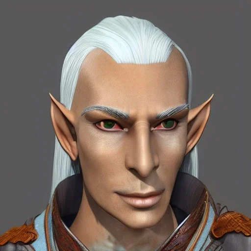 Ladore Kithollal is a 205 year old male wood elf diplomat. He has long, curled, white hair shaved on the right side and blue eyes. He has rough copper skin, realistic, high detail, uhd, 8k