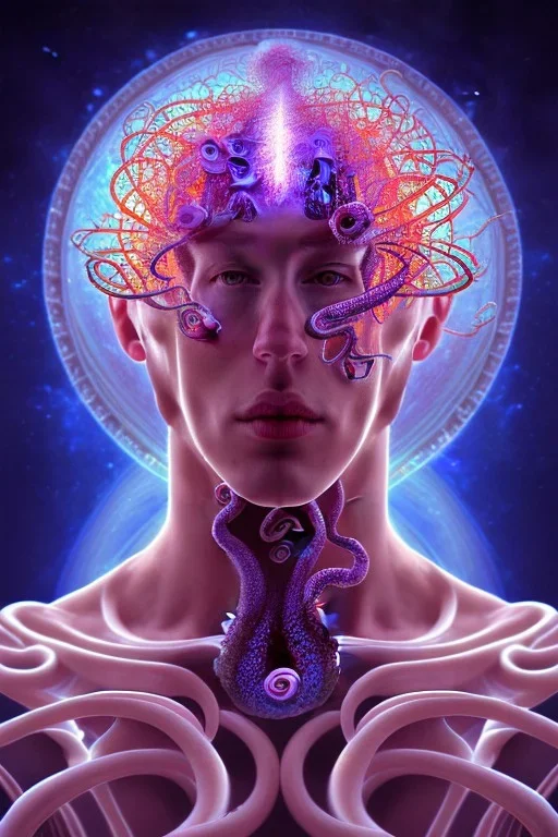 Spiritual being with Tentacles over human Head creating reality around, wrapping Spiral around Human, Psychedelic