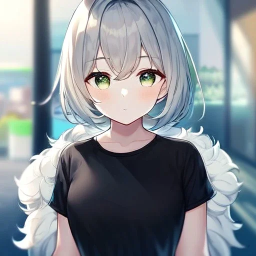 Clear focus, High resolution, light grey short hair, dark green eyes, wearing a black t-shirt and blue skirt, fluffy hair, detailed outfit