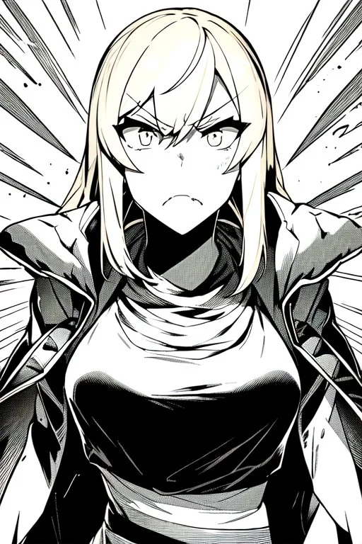 angry blonde girl, angry pose, greyscale