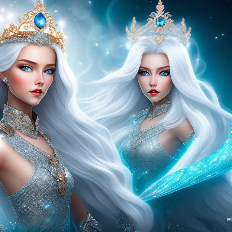 Ice Princess with white hair, a crown with precious stones, bright background