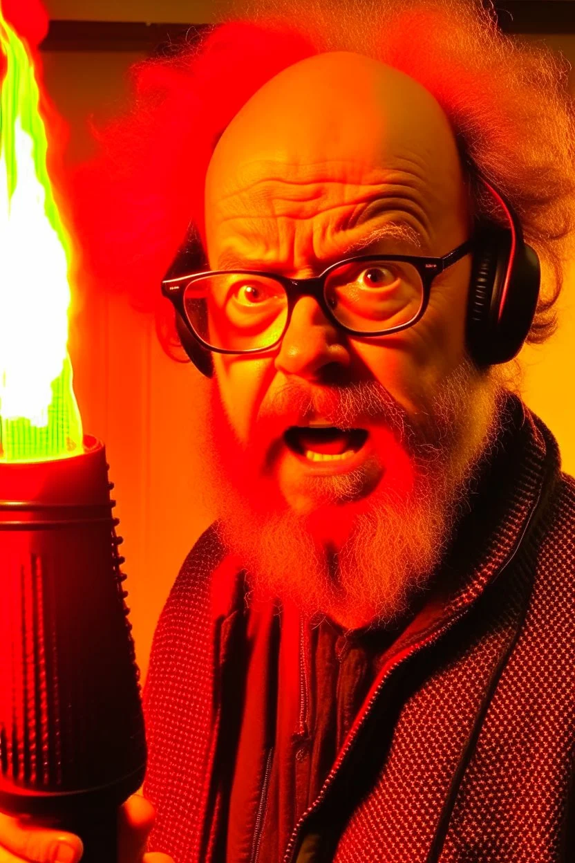 Firestarter animateur radio hardrock with a microphone. He has no hair. He has a beard. Je has glasses. He's about 50 years. Seems angry. Flames all around