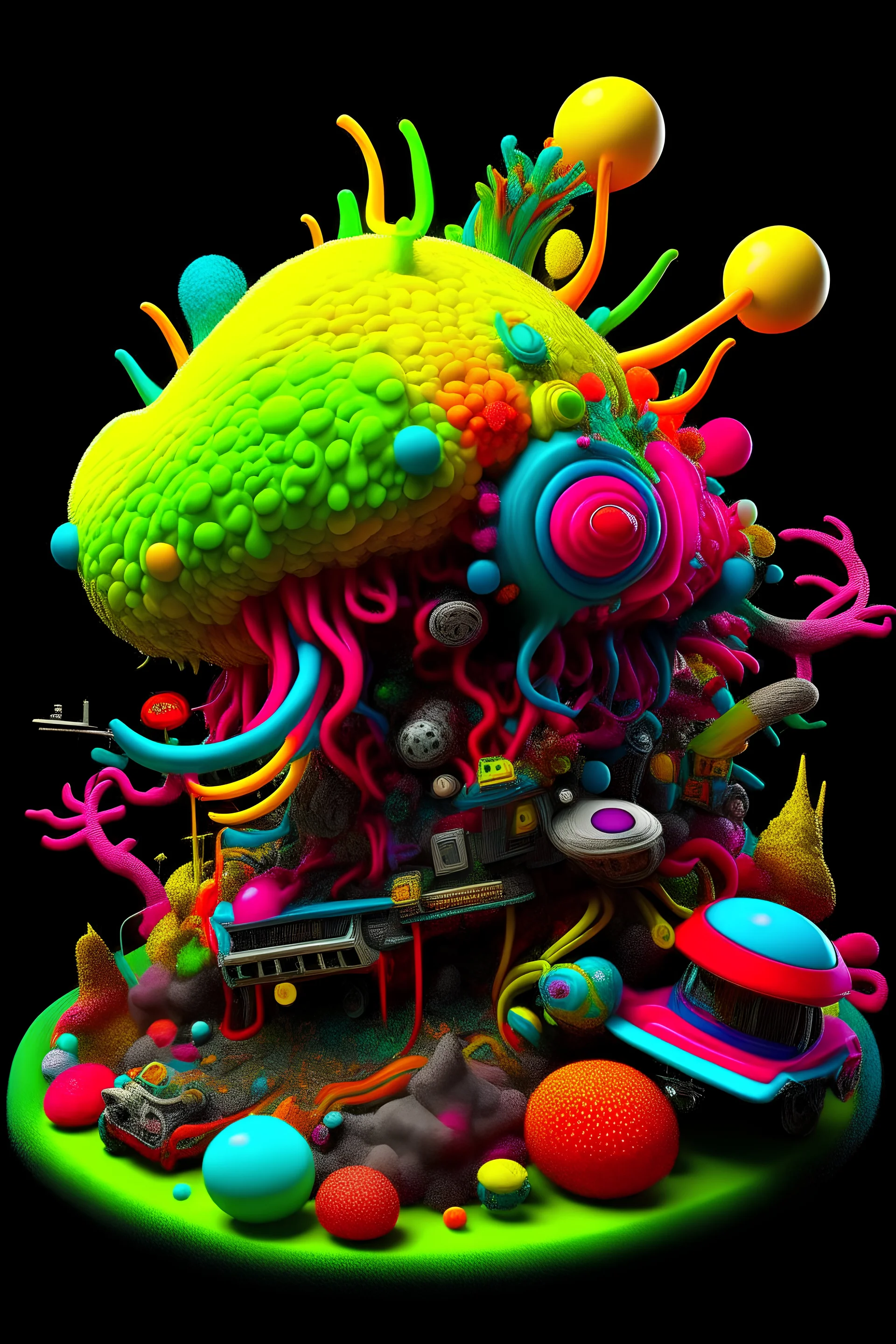 1960's heavy metal album cover, ultra-vivid colors and textures, fantastical symbology, in the styles of Yoshitoshi Mori, J Miro, R Griffin, and Yuya Nagai, Octane rendering, 3D, trending on artstation