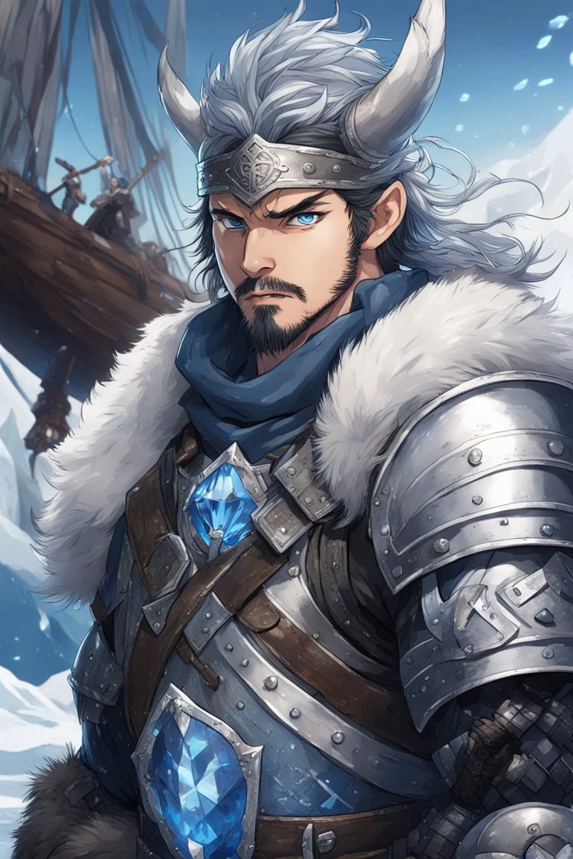 in anime style, 1man, a man with blue eyes and black hair man in silver Viking armor with fur around the neck with blue crystal on his chest holding an axe in his hands standing on a pirate ship in the artic, warrior in anime style,