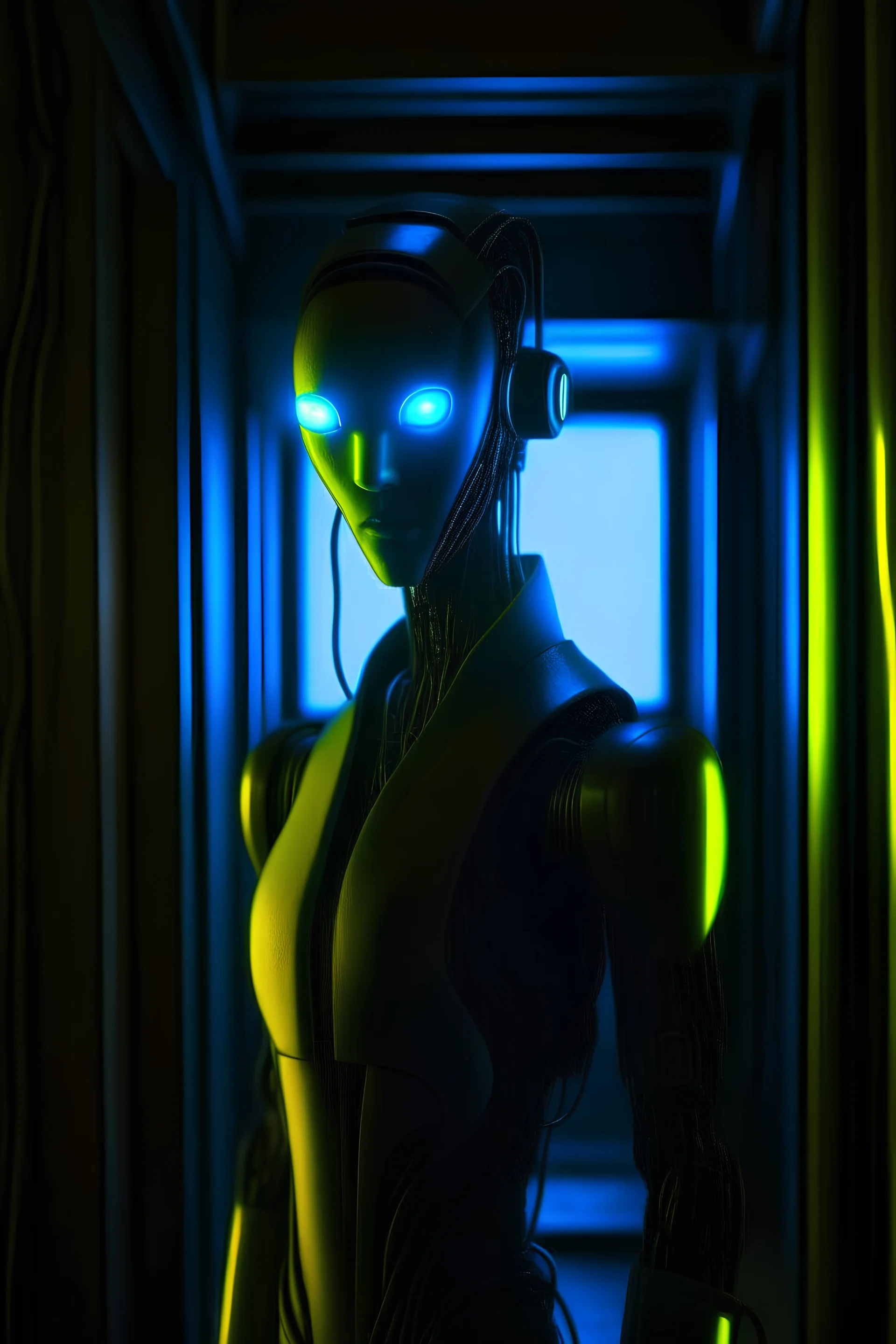 neon anime charcoal robot in forbidden obsidian chariot, prison cell hall background, guards, stares at us like we are the prettiest demon it has ever seen, its such a perfect day i am glad i spent it with you, motion blur, smoke, 8k, downlight, soft light, depth of field, photorealism, trending on art station, lotsa detail