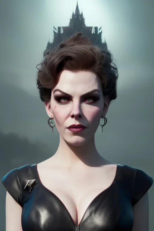 Hannah Waddingham as evil queen in black leather, busty, cleavage, voluptous, rebecca Welton, angry, stern look. character design by cory loftis, fenghua zhong, ryohei hase, ismail inceoglu and ruan jia. unreal engine 5, artistic lighting, highly detailed, photorealistic, fantasy