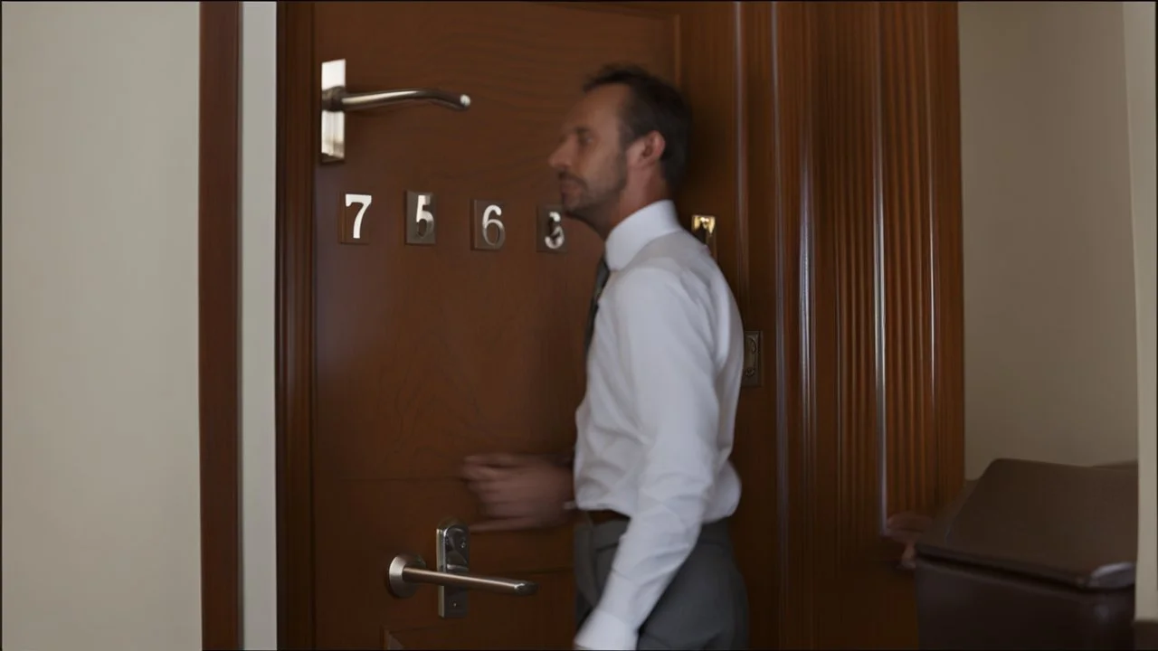 guy tastesthe numbers on his hotel room door