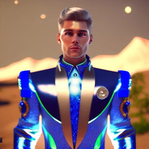 Handsome galactic man, glitter blue and white galactic suit with jewels, blond hair, blue eyes, cinematic lights, full details, hight quality, unreal engine 5, 4k, cosmic stars background