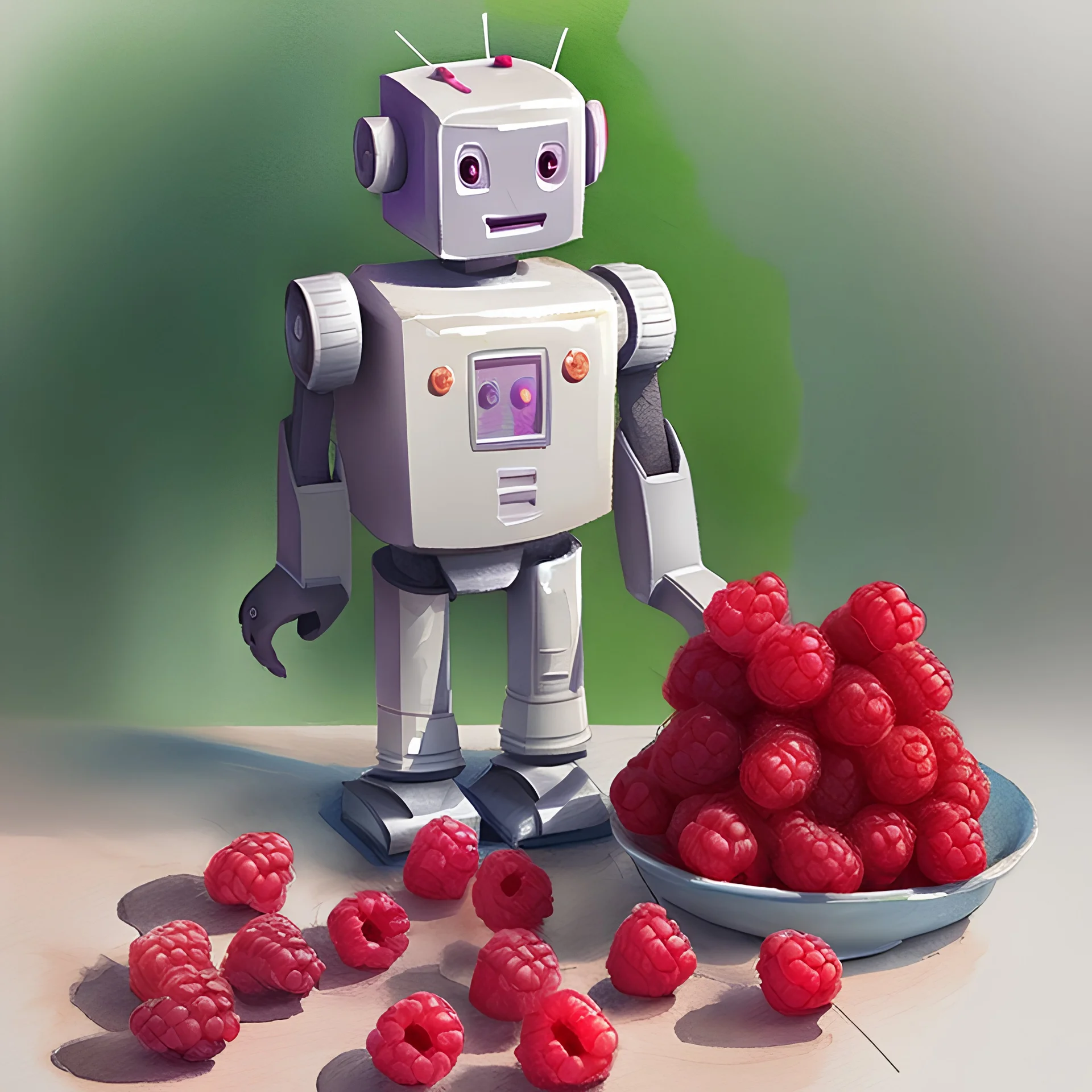 lonely robot picture. Watercolour and pencil. Holding raspberries