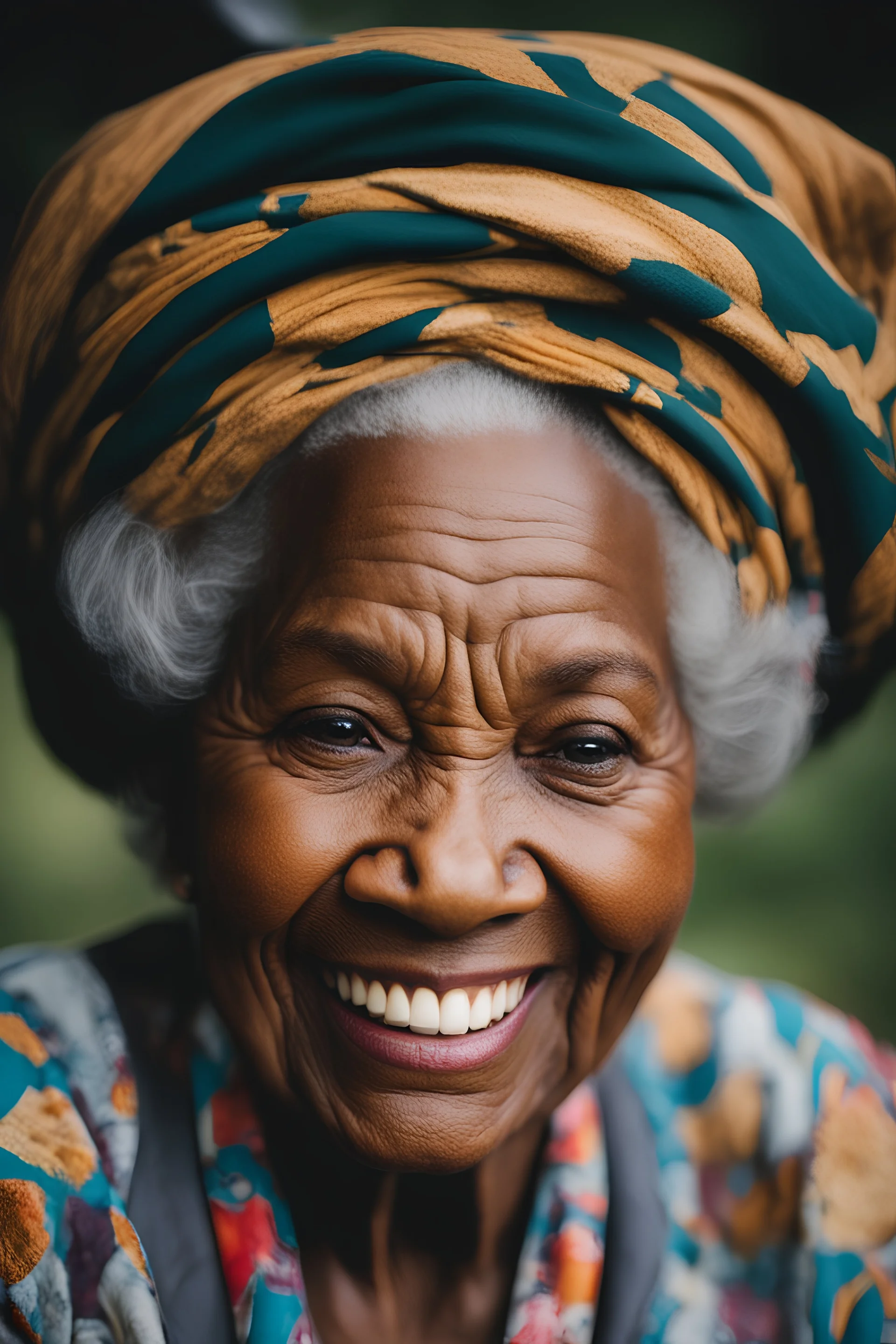 In a portrait, The subject of this high-quality photograph image is a smiling, elderly black woman, her face has lots of wrinkles, up close. Center the image in frame, --chaos99