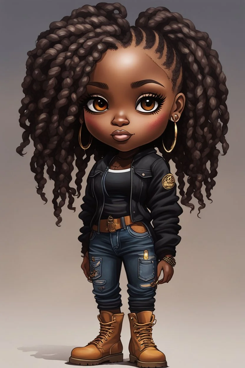 create a EXPRESSIVE OIL PAINTING image of a curvy size chibi dark skinned Black female wearing a black jean outfit with timberland boots. Prominent make up with brown eyes and lush lashes. Highly detailed dread locs