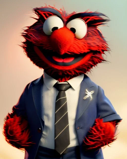 Realistic image, hybrid formed by simple Elmo muppet head and real human body, human arms and hands, Shirt and tie, concept art, smooth, unreal engine 5, god lights, ray tracing, RTX, lumen lighting, ultra detail, volumetric lighting, 3d, finely drawn, high definition, 4k.