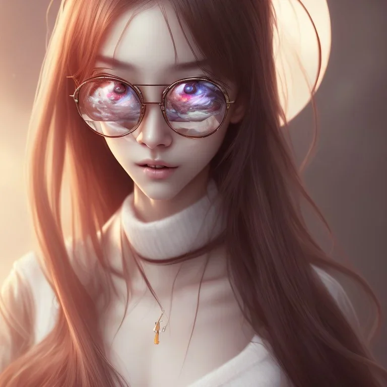 Seting Korean gamer girl , long Brown hair, White headfone, hands on the Chen, round circle glasses ,elemental face, Unreal Engine 5, highly detailed, highest quality, digital painting, complex 3d render, unreal engine render, insane detail, intricate photograph quality, magnificent, highly intricate, Realistic photography