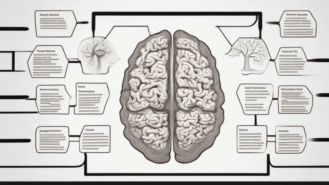 "The attached image illustrates the process of human thinking, with a simplified representation of the brain and neural cells interconnected with the concepts of thinking and decision-making. This image reflects the concept of the mental process and the role of the brain in it."
