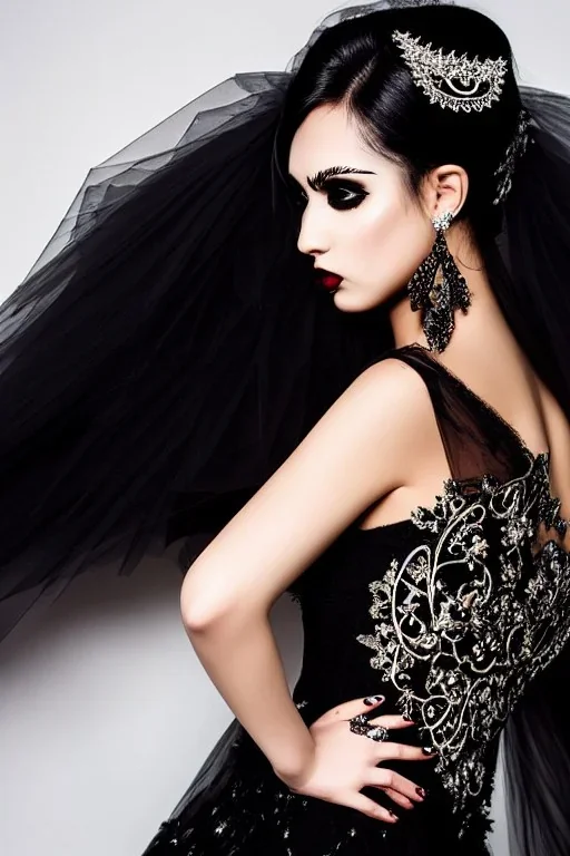 Portrait emo bride with piercings in skin-tight ornate black dress with black filigree, full body shot, full-color long shot, pale face, black eyeshadow