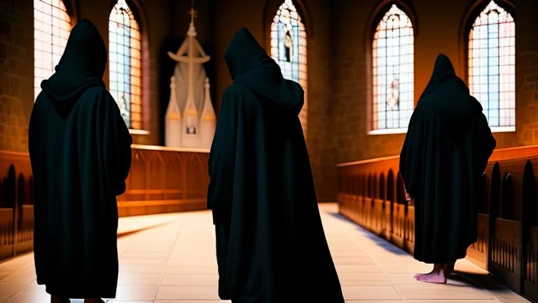 black robe hooded monks in the chapel